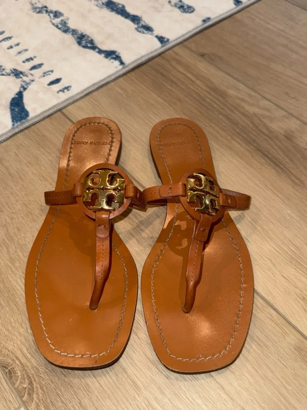 Tory Burch Tan Miller Metallic Logo Slide Sandals